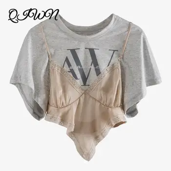 

2020 Summer New Clothes Short Two-piece Lace Sling Sexy Irregular Short-sleeved Gray T-shirt Women Slim Tide Designer O-neck Top