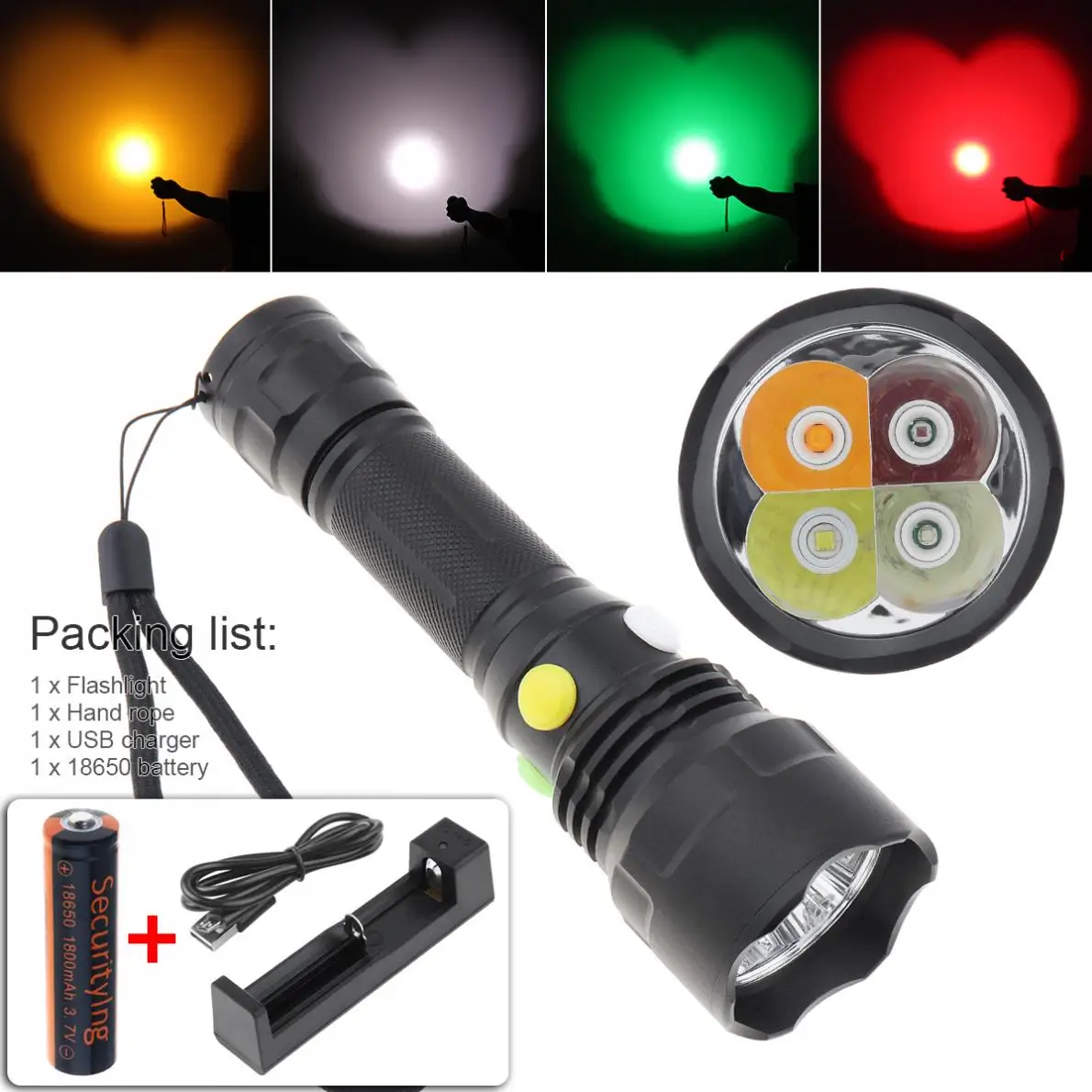 

4 Color LED Tactical Flashlight Rechargeable Waterproof Magnetic Torch With 18650 Battery USB Charger for Camping/Hiking/Hunting