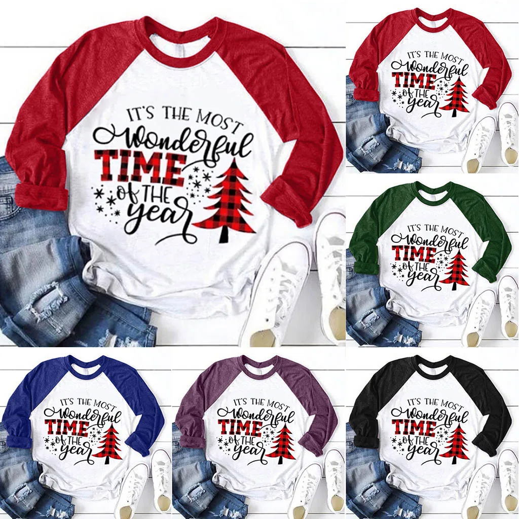 Christmas Tree Letter Print T Shirt For Women Xmas Merry Christmas New Year T Shirt Ladies Patchwork Pullover Tops T-Shirts