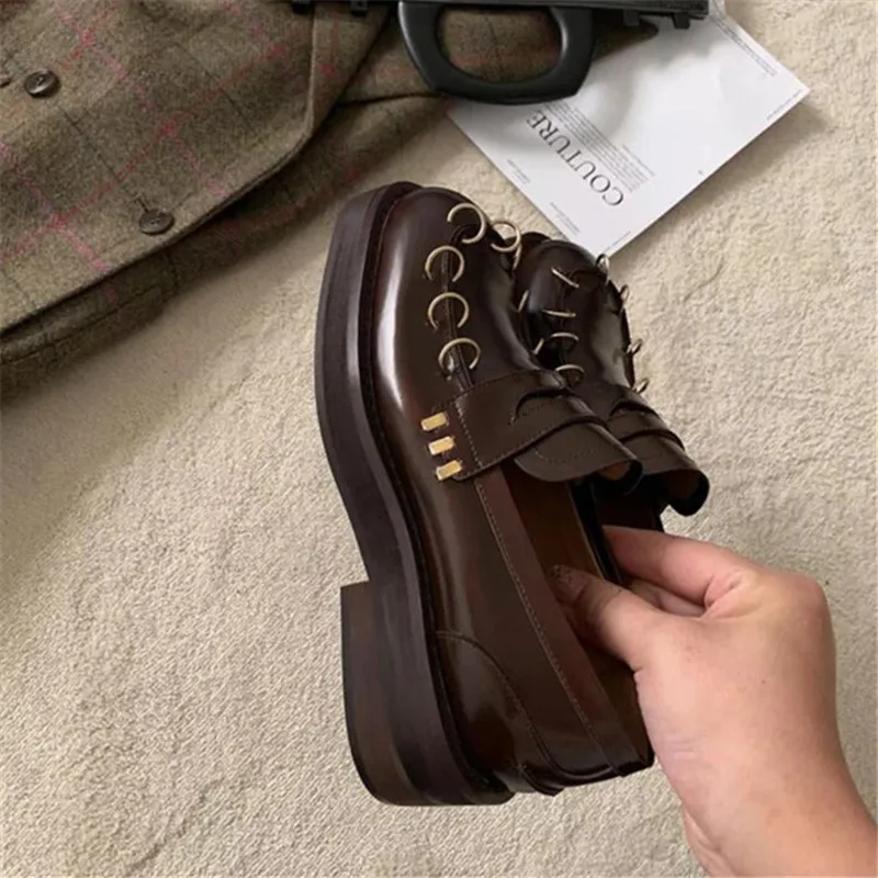 Genuine Leather Loafers Runway Short Flats Round Toe Shallow Shoes Woman Single Shoes Slip On Boat British Oxfords Shoes