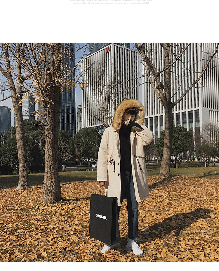 Liketkit, Мужская Уличная одежда, длинные куртки, зима, новая корейская мода, однотонная большая парка с меховым капюшоном, пальто, Мужская Толстая теплая ветровка