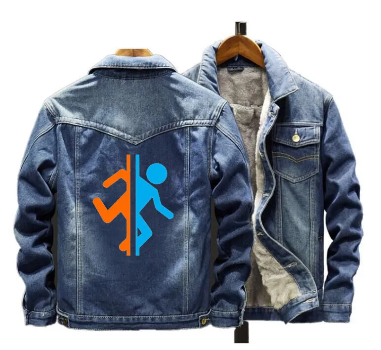 Portal Companion Cube winter Men Warm Fleece Denim Jacket Fashion Mens Jean Casual Bomber coat Hip Hop Retro Streetwear - Цвет: C
