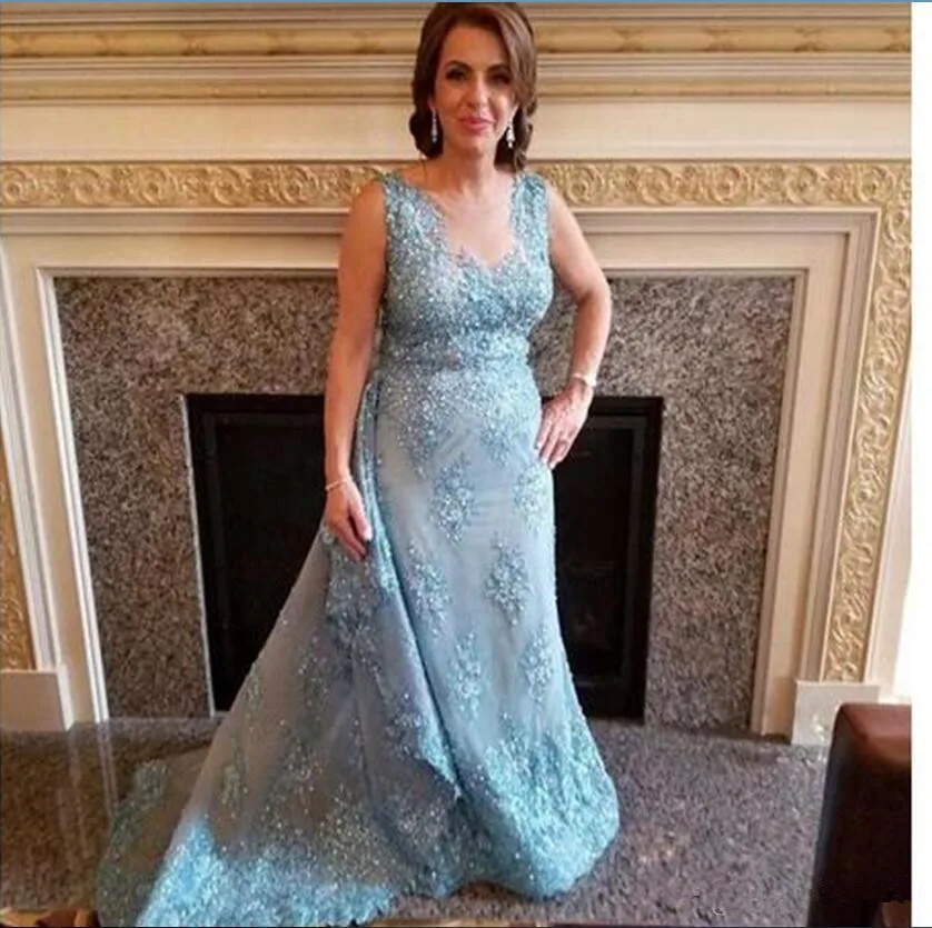 Небесно-голубое платье vestido de madrinha, платья для матери невесты, винтажные кружевные вечерние платья с бисером, платья без рукавов farsali - Цвет: same as picture