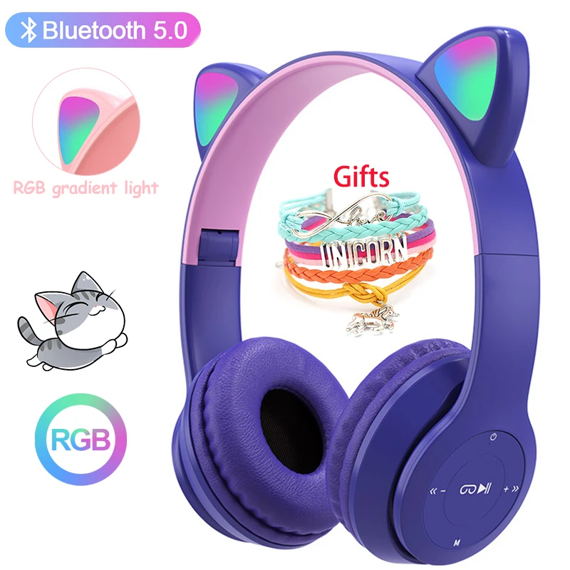 Беспроводные наушники «кошачьи уши» с микрофоном, Bluetooth, классветильник ные светящиеся легкие стереонаушники с басами, Детские геймерские подарки для девочек, игровая гарнитура для ПК и телефона - Геймерские/игровые аксессуары