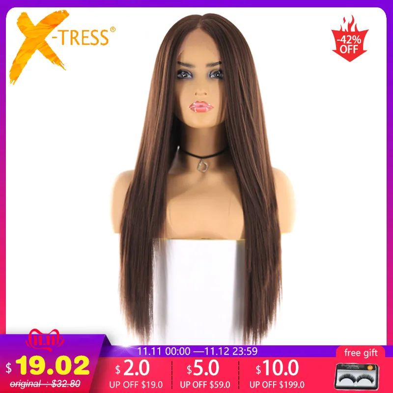 Günstige Medium Braun Farbe Synthetische Haar Perücken Für Frauen X TRESS Lange Yaki Gerade Spitze Vorne Perücke Mit Natürlichen Haaransatz Mittelteil