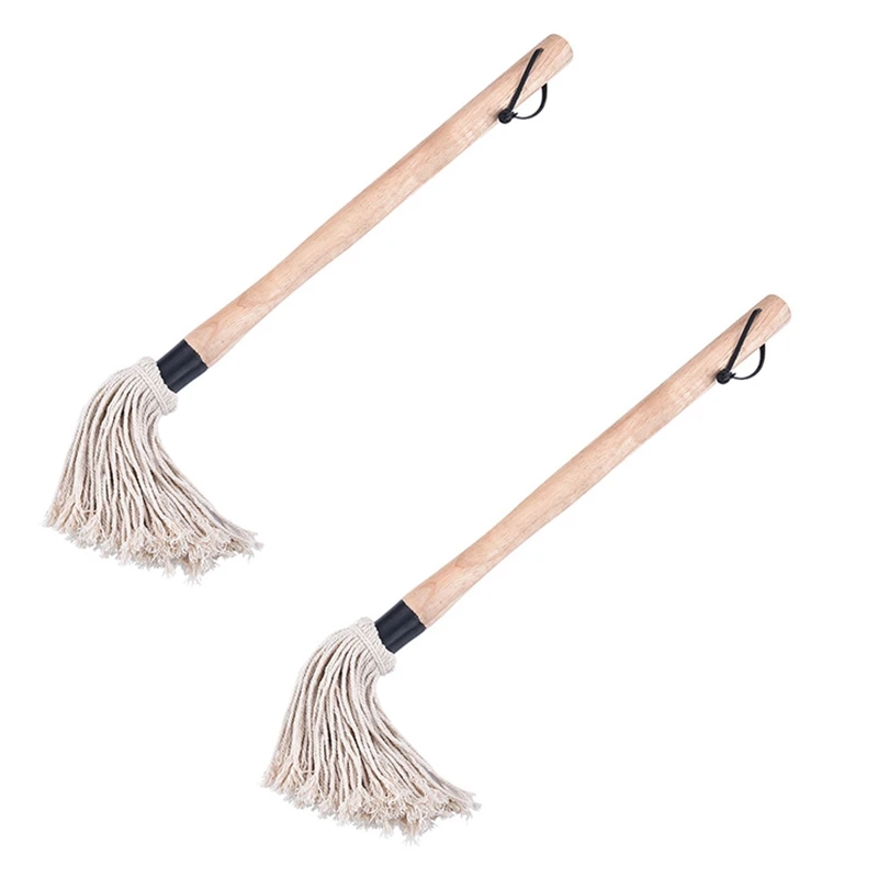 2 Pack BBQ Basting Mop Professional Barbecue Sauce Large Mop with Wood Handle Washable Cotton Head for Cooking Roasting Grilling