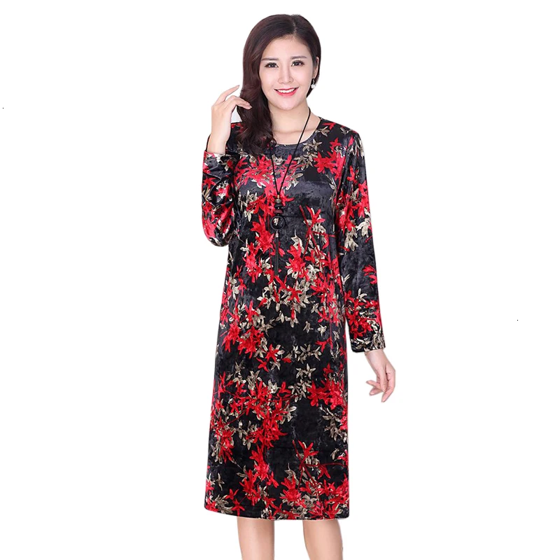 

Dress Women Golden velvet Clothing Lent Fashion Flower printing Dress Ladies Long Mouwen Casual Herf Dresses Dresses LU476