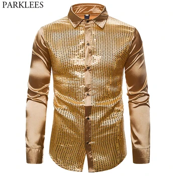 

Gold Glitter Sequin Shirt Men 2020 Brand New Mens Smooth Silk Satin Tuxedo Shirts Slim Fit Club Party Dance Costume Chemise XXL