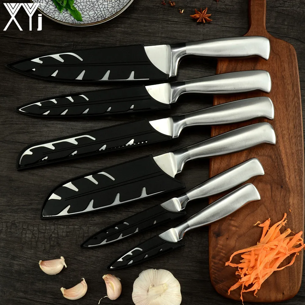 XYj 6 шт. кухонные ножи из нержавеющей стали с острым лезвием 8 ''шеф-повара для нарезки хлеба 7'' Santoku 5 ''Uitlity 3,5'' Набор ножей для очистки овощей