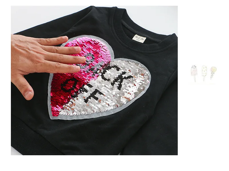 Осенние футболки для девочек, футболки для девочек с блестками и сердечками, Детские рубашки, Детская футболка с длинными рукавами, одежда