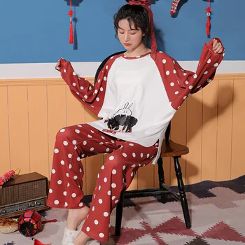 

2020 autumn and winter ladies pajamas set long-sleeved trousers cotton high-quality pajamas cartoon printed home service