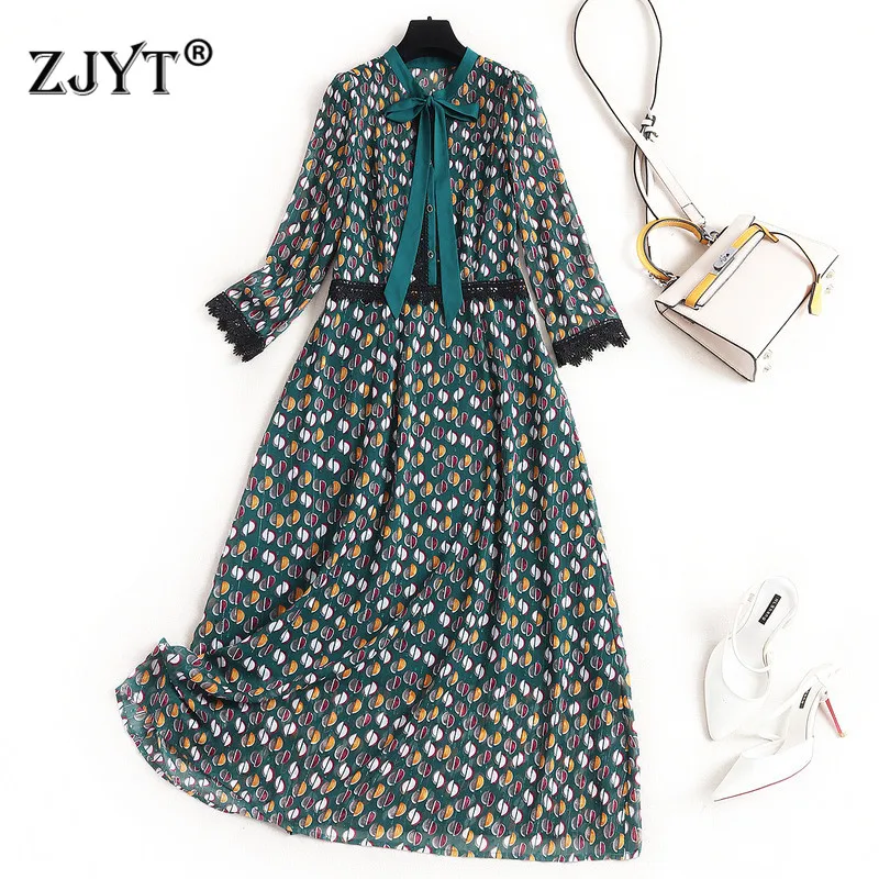 

Spring Fashion Dress 2020 Designer Woman Clothes Elegant Bow Collar Geometric Print Lace Patchwork Casual Beach Chiffon Dress