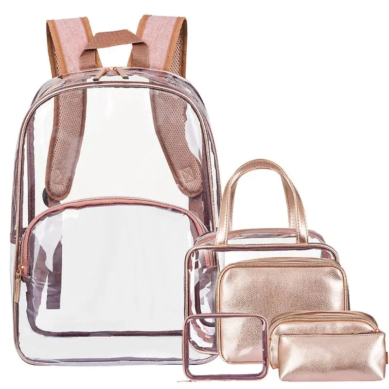 

6 in 1 Clear Backpack School Bookbag Transparent Travel Daypack with Makeup Bags Set for Teen Girl Boy Kid Adult X5XA