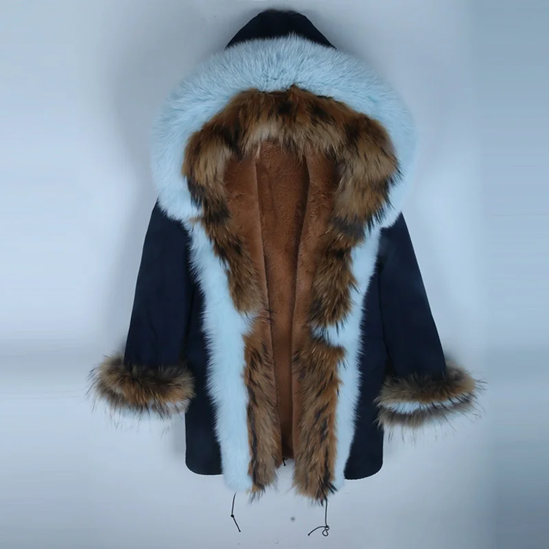 12 navy blue coat Верхняя одежда с капюшоном и воротником из натурального Лисьего меха, парка из искусственного меха, новинка, Женская длинная уличная одежда, Толстая теплая зимняя куртка - Цвет: 12 navy blue coat