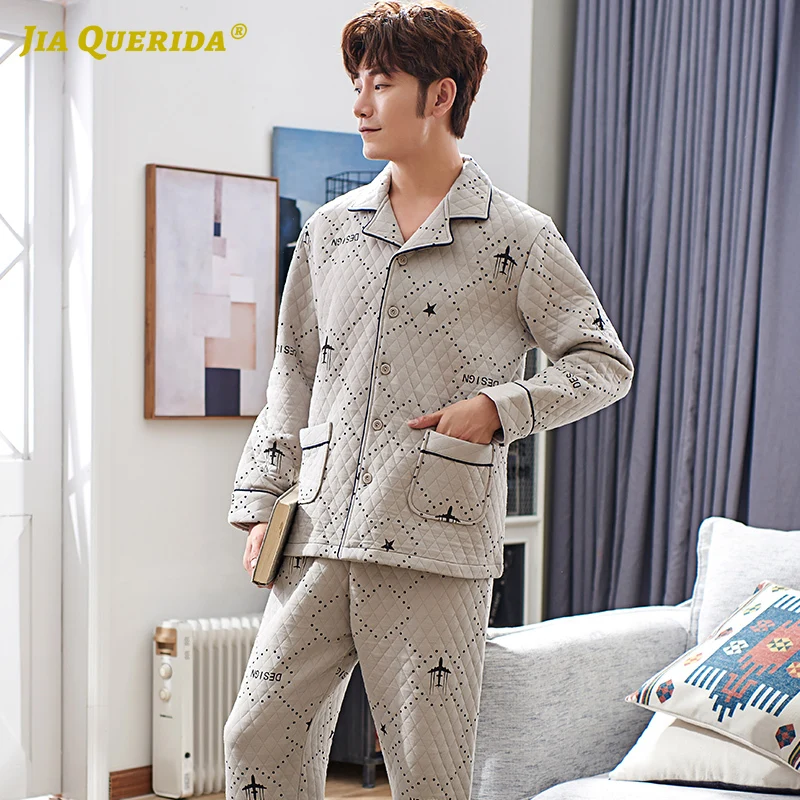 

2020 Mens Pajamas Set Spring New Long Sleeves Pants 100%cotton 3 Layers Cardigan Elastic Waist Men Sleepwear Grey Pijama Mans