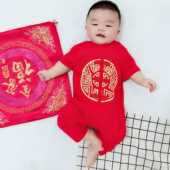 

Classic Baby Short Sleeve Rompers Summer Chinese New Year Kids Boys Girls Cotton Round Collar Buttons Printing Jumpsuit