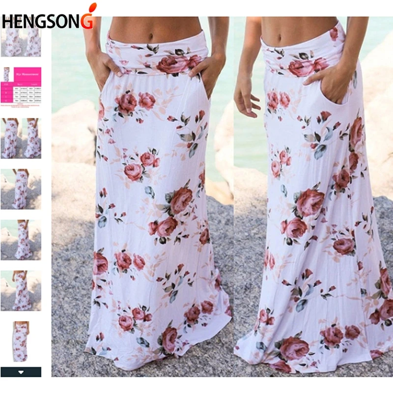 Boho Women Pocket Casual Beach Long Skirt Flower Printed Maxi Skirts Elastic Waist Faldas Saia Drop Shipping Boho Women Pocket Casual Beach Long Skirt Flower Printed Maxi Skirts Elastic Waist Faldas Saia Drop Shipping