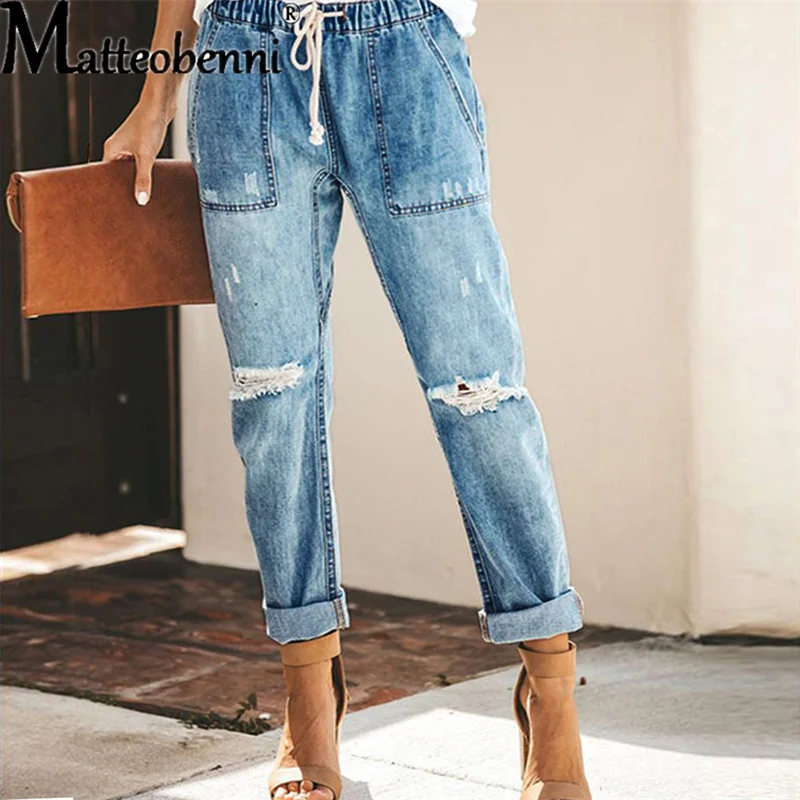 Fashion Distressed Knee Ripped Women Autumn Holes Loose Denim Trouser Drawstring Elastic Waist Pockets Long Pencil Jeans Pants