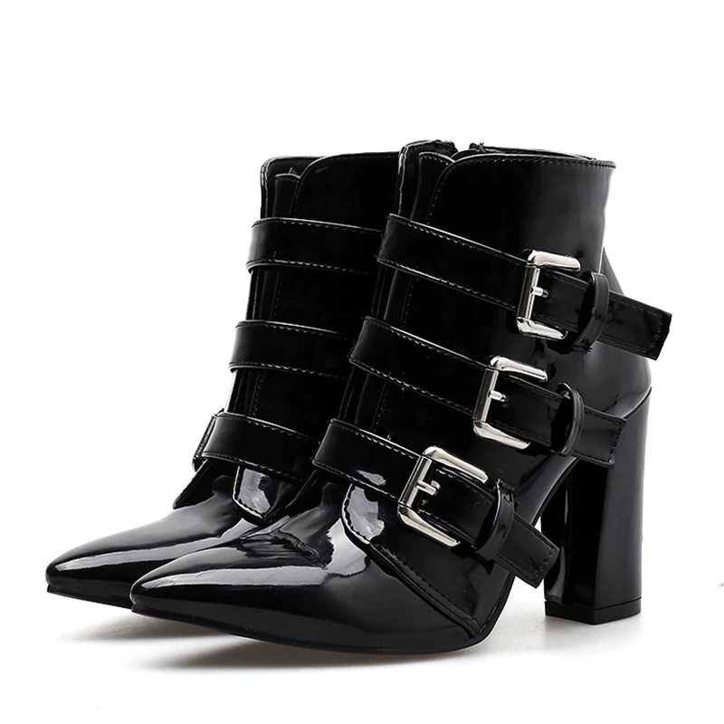 

2019 Women 10cm High Heels Ankle Boots Buckle Fetish Short Block Thick Heels Boots Fetish Chunky Stripper Winter Fall Sexy Shoes