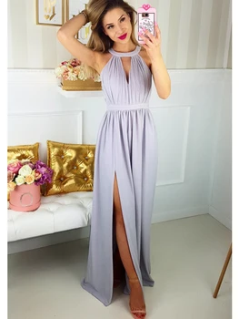 

New Design Halter Neck Stretch Fabric Prom Gown Floor Length Side Split A-line Party Dresses