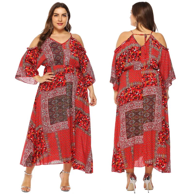 

Summer Beach Dress Swimwear Women Long Exit Of Bathroom Sexy Cover Up Plus Size Vintage Print Cotton Off Shoulder Flare Sleeve