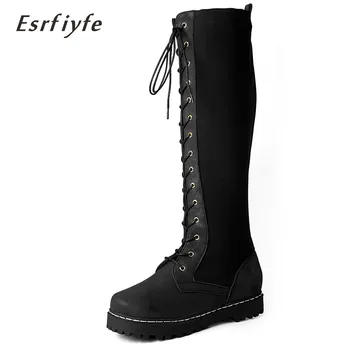 

ESRFIYFE 2020 New Woman Front Lace Up Knee High Martin Boots Winter Warm Gladiator Long Booties Lady Thick Heels Platform Boots