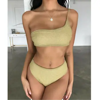 

2020 HOT Women Shiny Sequined One Shoulder Bandage Gold Bikini Set Padded Push Up Bra Swimsuit Bathing Beachwear Swimwear Summer