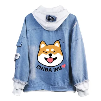 

New Shiba Inu Kawaii Lovely Velvet Long-sleeved Hooded Plush Coat Spring Autumn Doge Cartoon Anime Style Warm Denim Sweatshirt