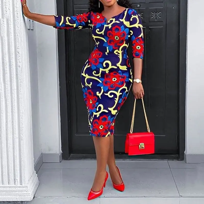 Африканская мода размера плюс больше размера d 2XL цветочный принт облегающее платье офисное женское элегантное винтажное ol платье Вечерние Халат средней длины