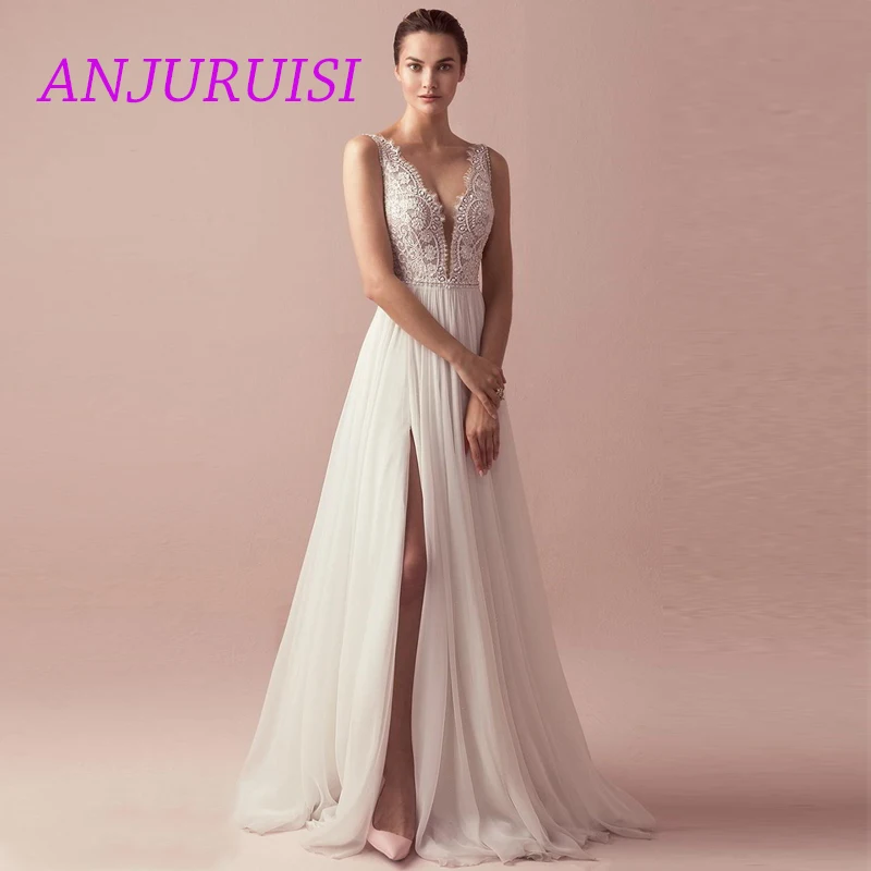 

ANJURUISI 2019 Boho Wedding Dress Lace Aline Wedding Gowns V-neck Elegant Bride Dress Side Slit Sexy Robe De Mariee Beaded