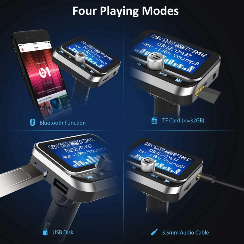 Bluetooth fm-передатчик, беспроводной радиоадаптер, стерео музыкальный плеер, 1,8 дюймовый ЖК-дисплей с двумя usb-портами для зарядки, Sup порты