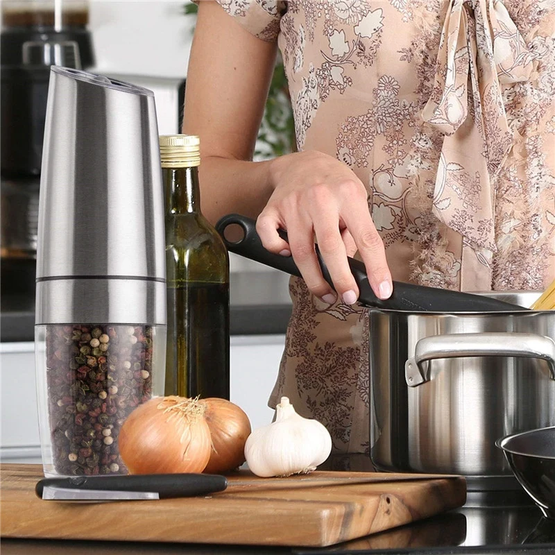

2 PCS Electric Pepper Mill Gravity Salt and Pepper Grinder Set with Metal Stand Battery Salt Shakers Automatic with LED Light