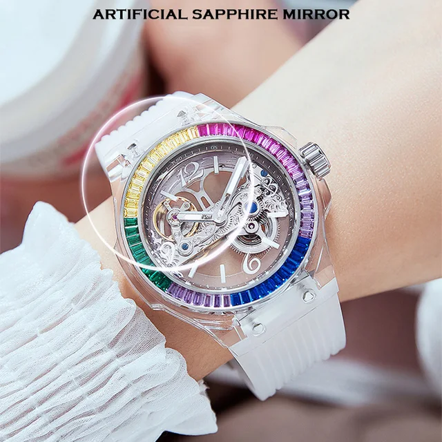 HANBORO  Automatic Luxury Ladies Watch Crystal Waterproof Luminous Mechanical Wristwatch Silicone band fashion women watches 5
