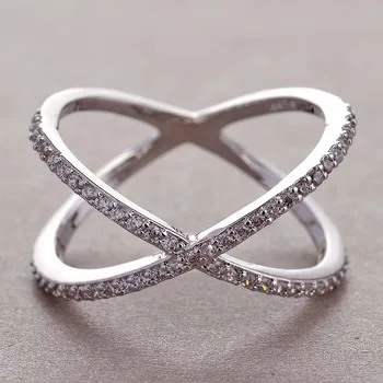Fashion X Shape Cross Crystal Rings for Women Creative Design Filled Zirconia Infinite Finger Ring Silver Plated Jewelry Gift