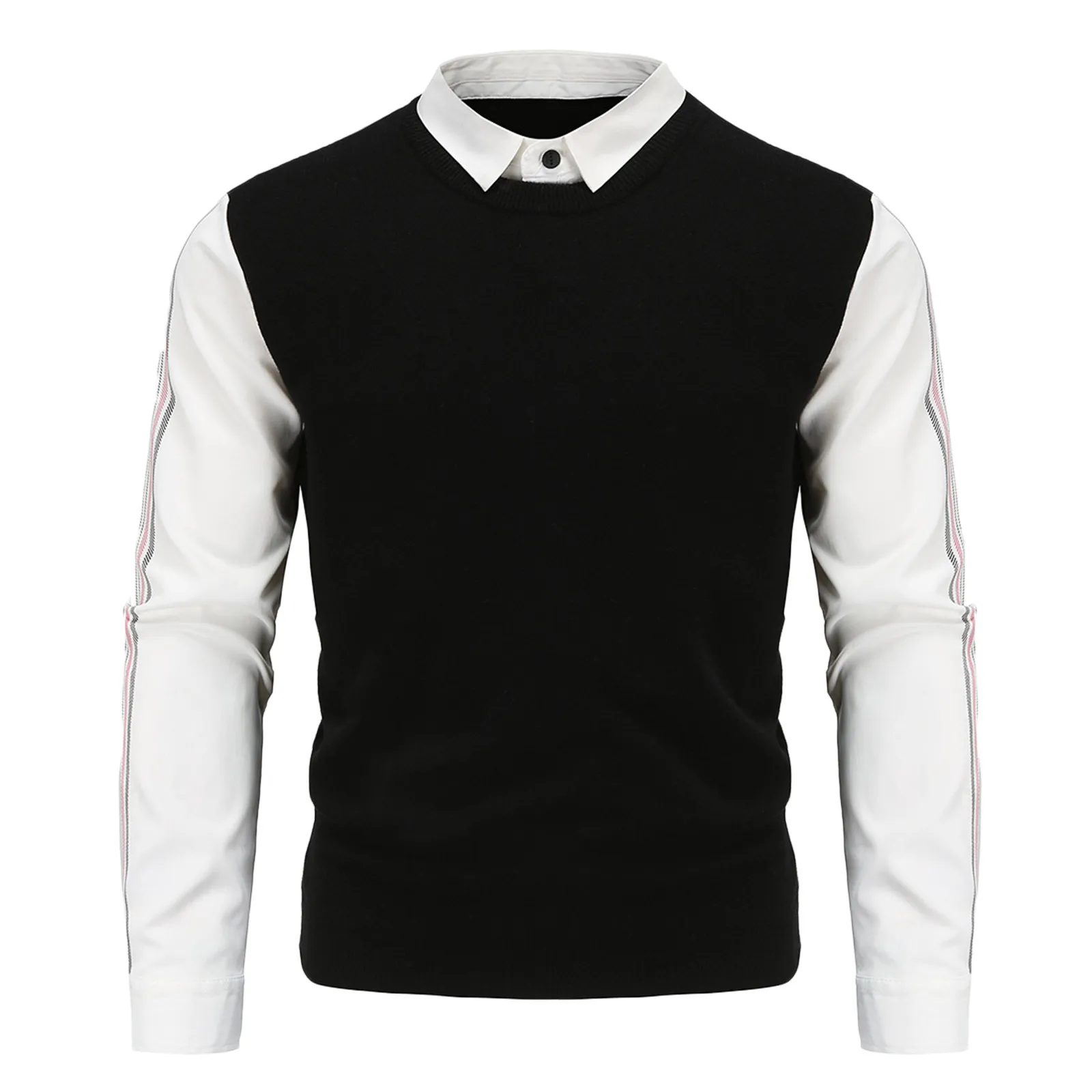 Fake Two Pieces Sweater Men 2021 New Shirt Collar Mens Knitted Pullovers Casual Slim Fit Knitwear Pull Homme Patchwork Knitwear 1