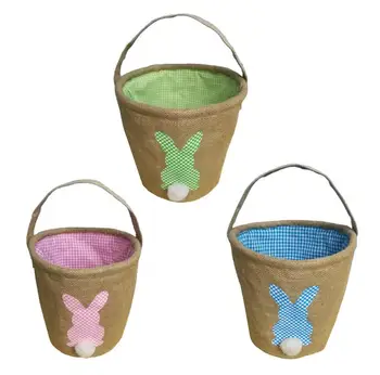 

Burlap Easter Basket Jute Rabbit Tail Bucket Candy Gifts Handbags Linen Eggs Storage Tote Basket Bags Party Favor SN2991
