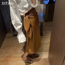 XITAO PU винтажная плиссированная юбка с высокой талией, необычная Свободная юбка с бантом, Весенняя маленькая свежая повседневная юбка до середины икры GCC3248