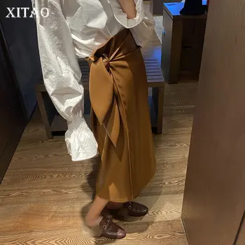 

XITAO PU Vintage Pleated Skirt High Waist Irregular Loose Bow 2020 Spring Small Fresh Casual Minority Mid Calf Skirt GCC3248