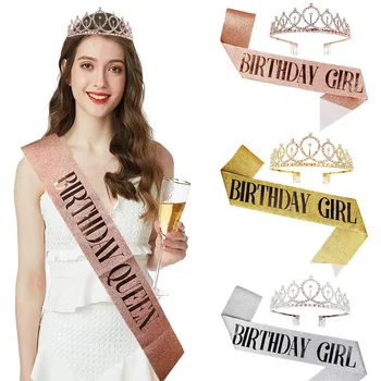 

Rose Gold Birthday Queen/Girl Satin Sash with Crystal Crown for Kids Birthday Decorations Adult 30 40 50 Birthday Party Supplies