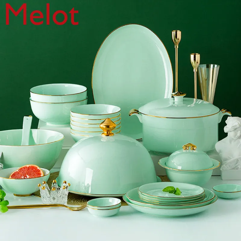 

Underglaze Blue Porcelain Bowl and Dish Set Household European Simple Bowl and Plate Combination Jingdezhen High-End Tableware