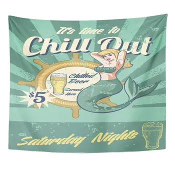

Fish Beer Mermaid Tavern Bar Sign Nautical Happy Hour Beautiful Beauty Home Decor Tapestry Wall Hanging for Living Room Bedroom