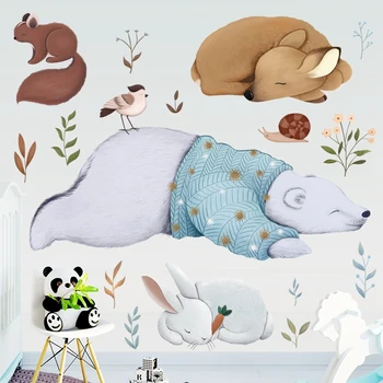 

Sleeping Polar Bear Rabbit Squirrel Animals Wall Stickers Bedroom Kids Baby room Background Removable Wall Decals Home Decor