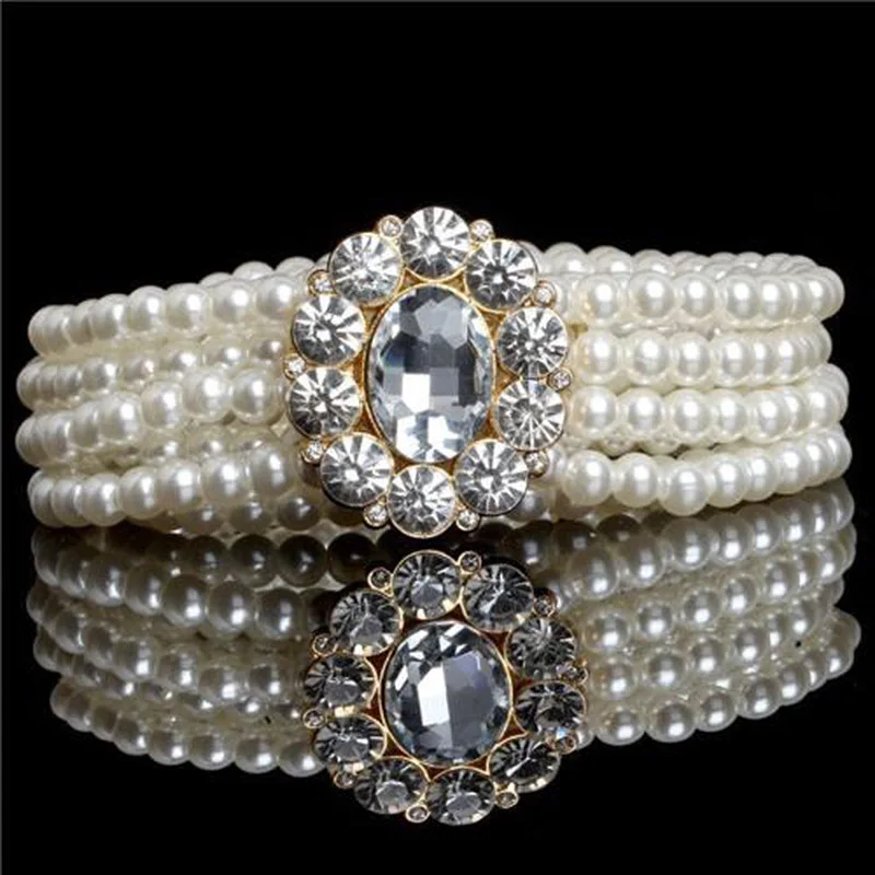 

Fashion Elegant Ladies Pearl Waist Chain Rhinestone Buckle Pearl Elastic Belt Women Skinny Waistband Dress Decoration