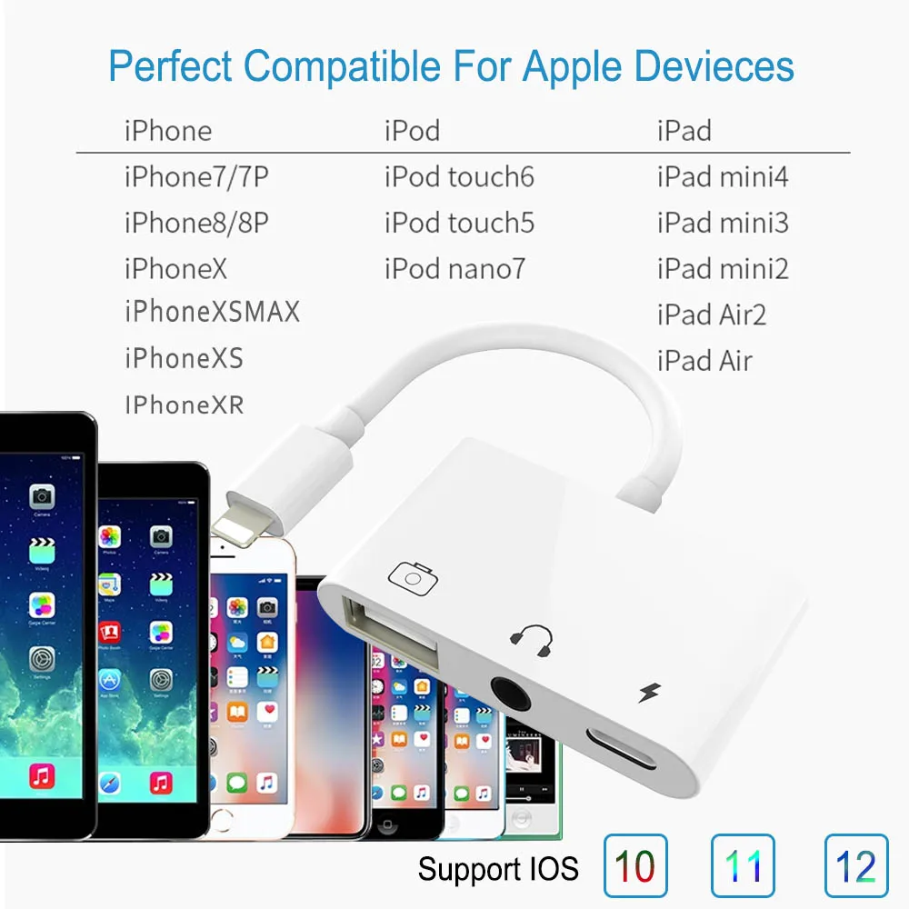 OTG Adapter For Lightning To USB 3 Camera Reader With 3 5mm Headphone Jack Connection Kits Data Sync For iPhone X XR XS 8 7