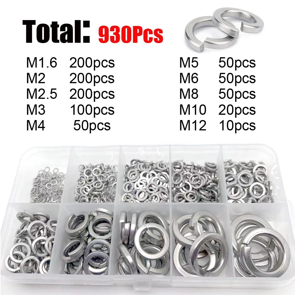 

930pcs M1.6 M2 M2.5 M3 M4 M5 M6 M8 M10 M12 304 A2 Stainless Steel Spring Split Lock Washer Assortment Kit Elastic Gasket Box Set