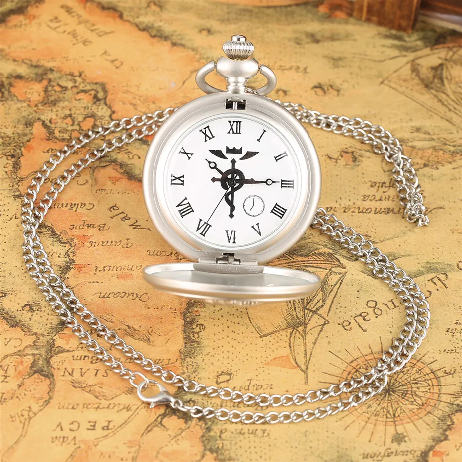 silver necklacechain Горячая аниме мультфильм Стальной алхимик карманные часы Винтаж косплей ожерелье кулон часы подарки на день рождения для мужчин женщин детей - Цвет: silver necklacechain