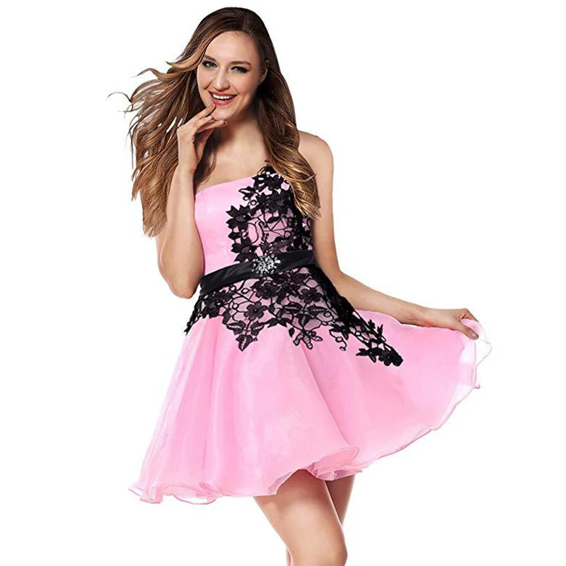 Сладкий розовый из органзы на одно плечо Короткие Robe De Soiree Черная кружевная мини-платье трапециевидной формы платья для выпускного вечера короткое коктейльное платья