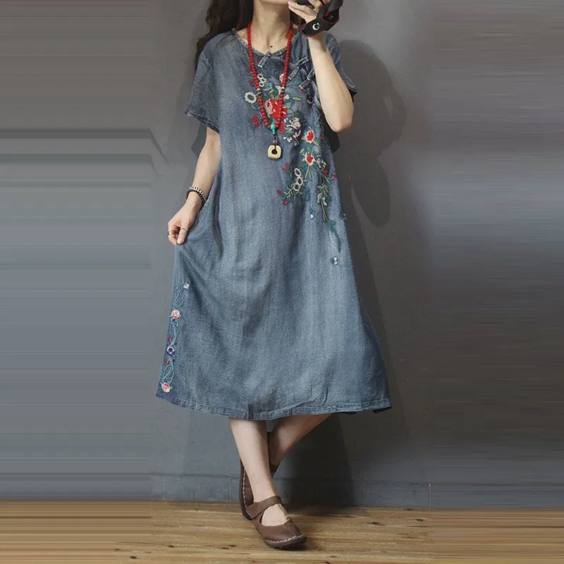 2020 Summer New Arts Style Women Short Sleeve Loose O-neck Long Dress Flower Embroidery Vintage Cotton Denim Dresses M201 | Женская