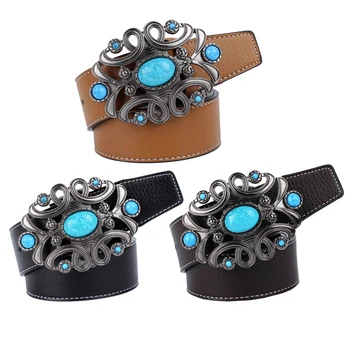 

Vintage Ethnic Cowboy Leather Belt Turquoise Beads Gem Unique Metal Buckle Leather Waistband 110-125cm