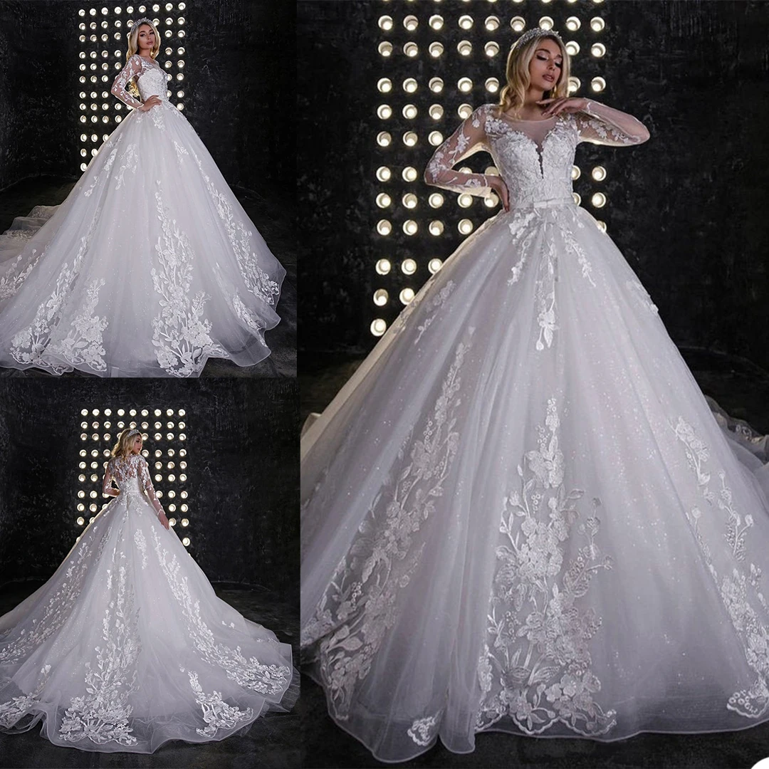 

Luxury Wedding Dresses O Neck Long Sleeve Sparkly Beads Sequined Bridal Applique Lace Gowns Court Train Vestido De Novia